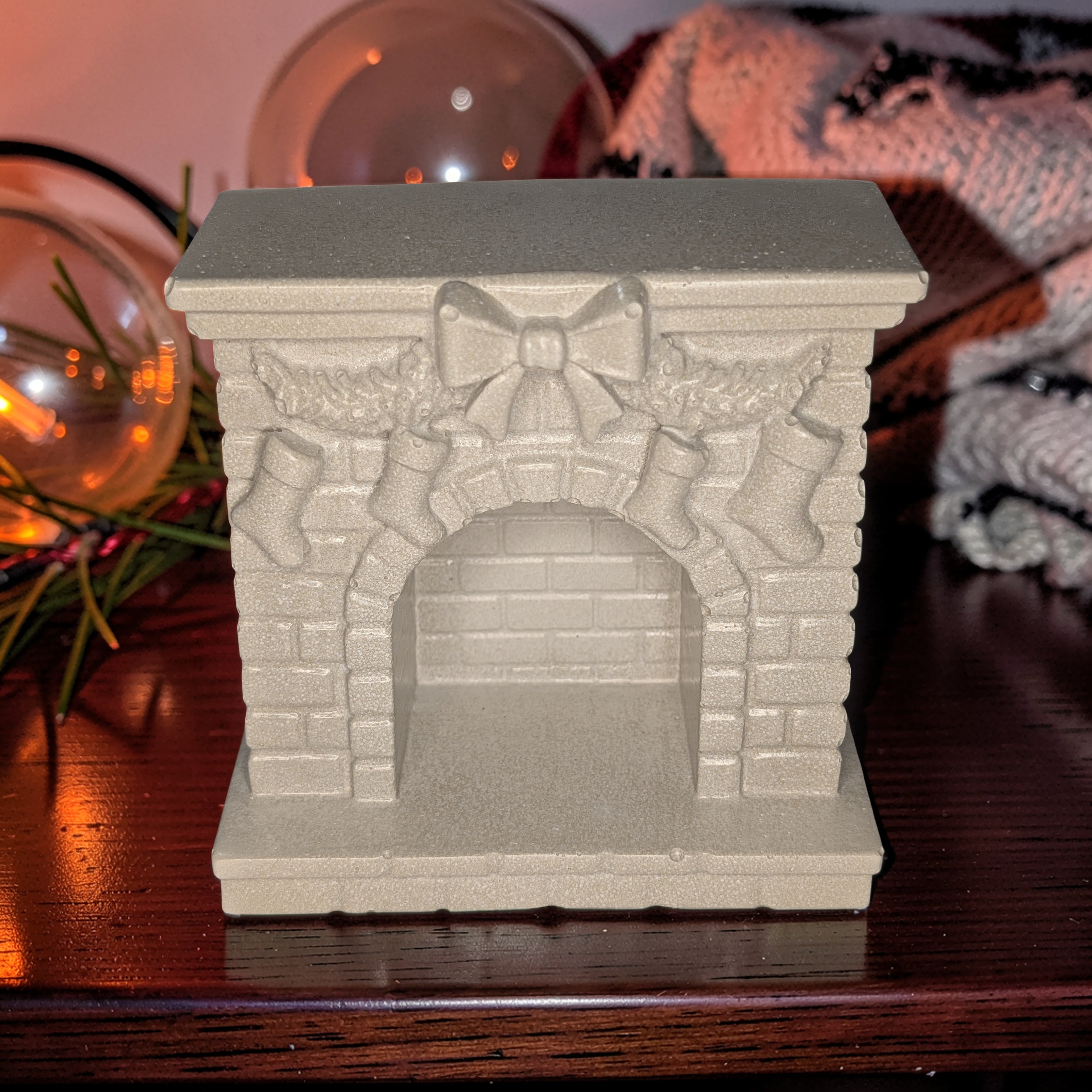 Mini Concrete Christmas Fireplace Candle Holder | Cute Holiday Mantle Decor, Tealight Burner & Tiered Tray Accent | Cozy Winter Home Decor
