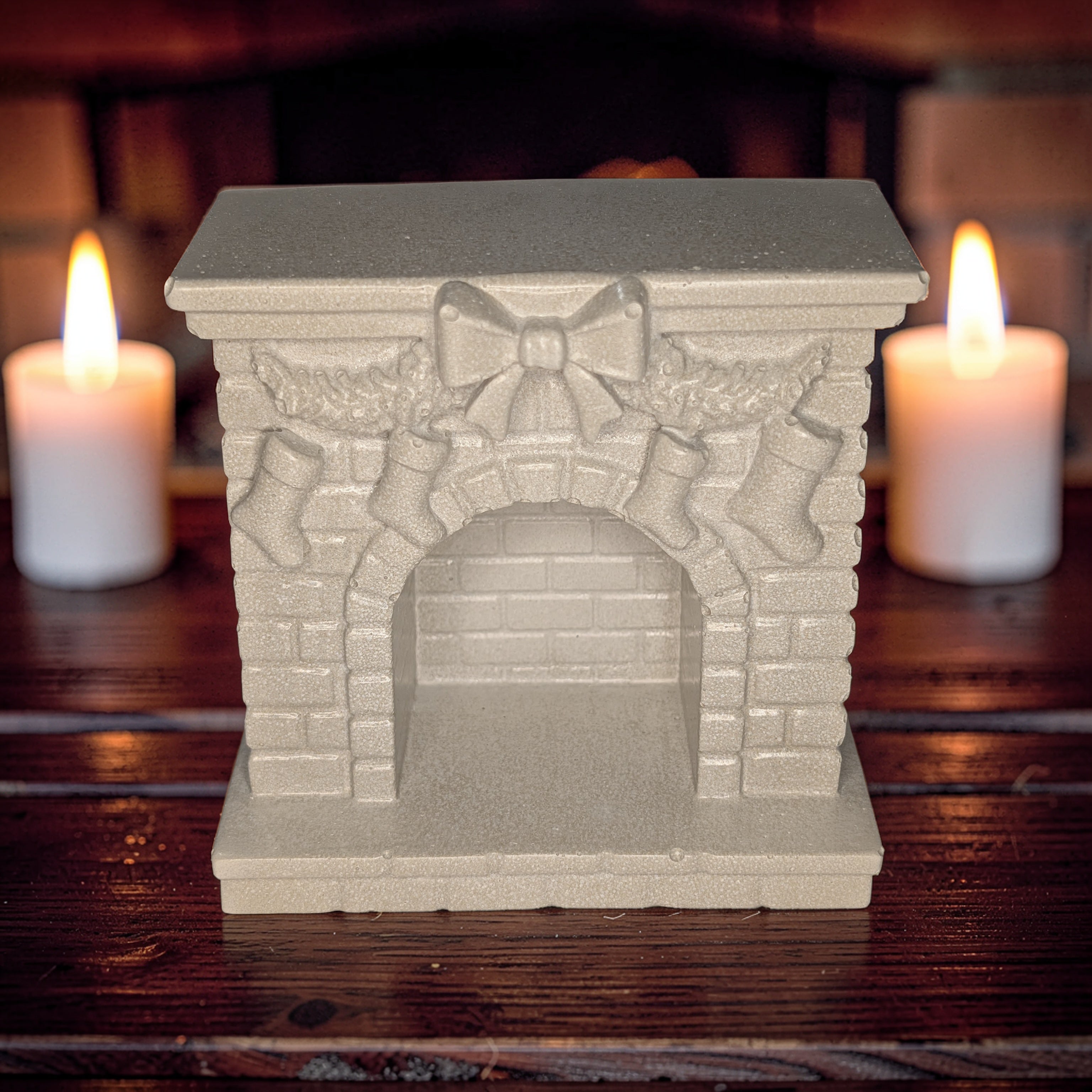 Mini Concrete Christmas Fireplace Candle Holder | Cute Holiday Mantle Decor, Tealight Burner & Tiered Tray Accent | Cozy Winter Home Decor