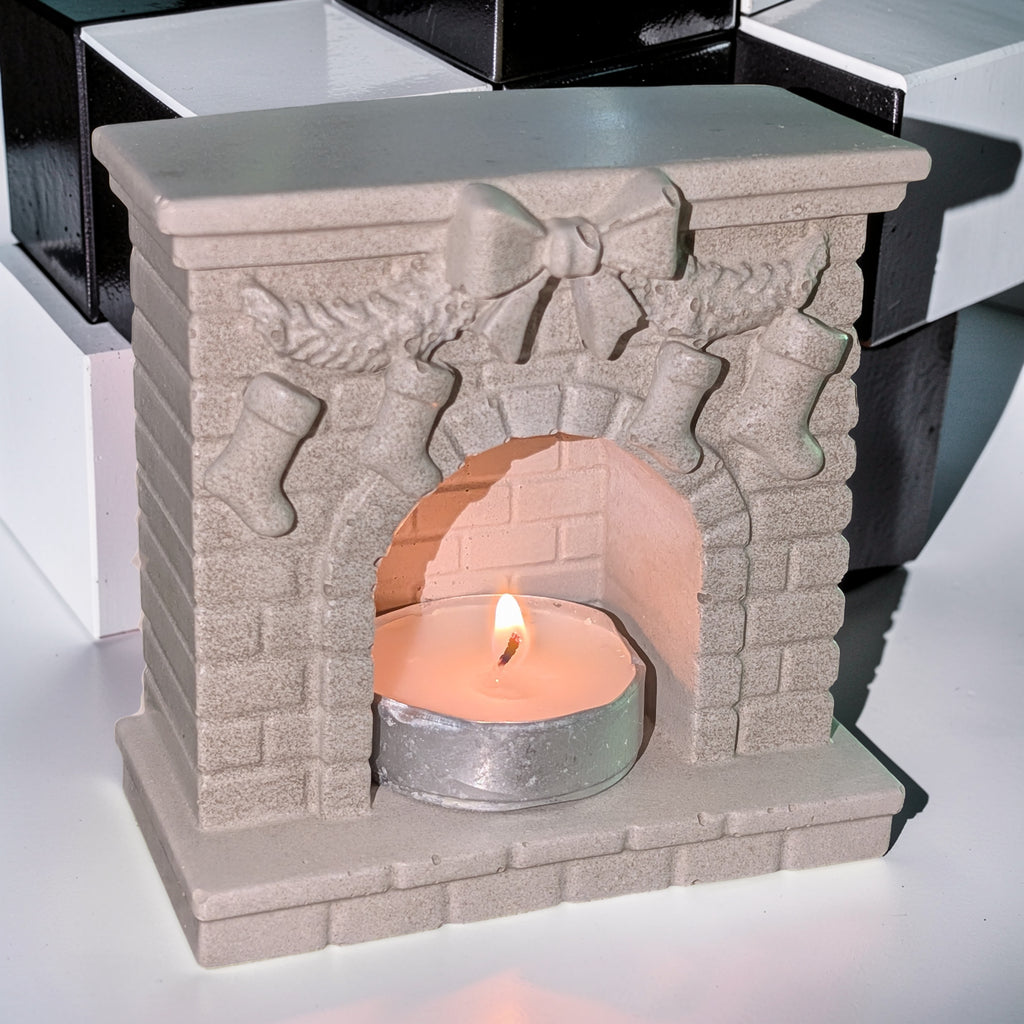 Mini Concrete Christmas Fireplace Candle Holder | Cute Holiday Mantle Decor, Tealight Burner & Tiered Tray Accent | Cozy Winter Home Decor