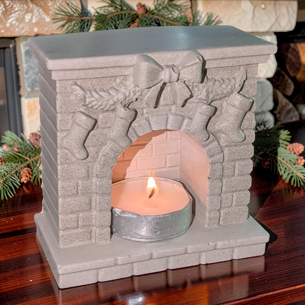 Mini Concrete Christmas Fireplace Candle Holder | Cute Holiday Mantle Decor, Tealight Burner & Tiered Tray Accent | Cozy Winter Home Decor