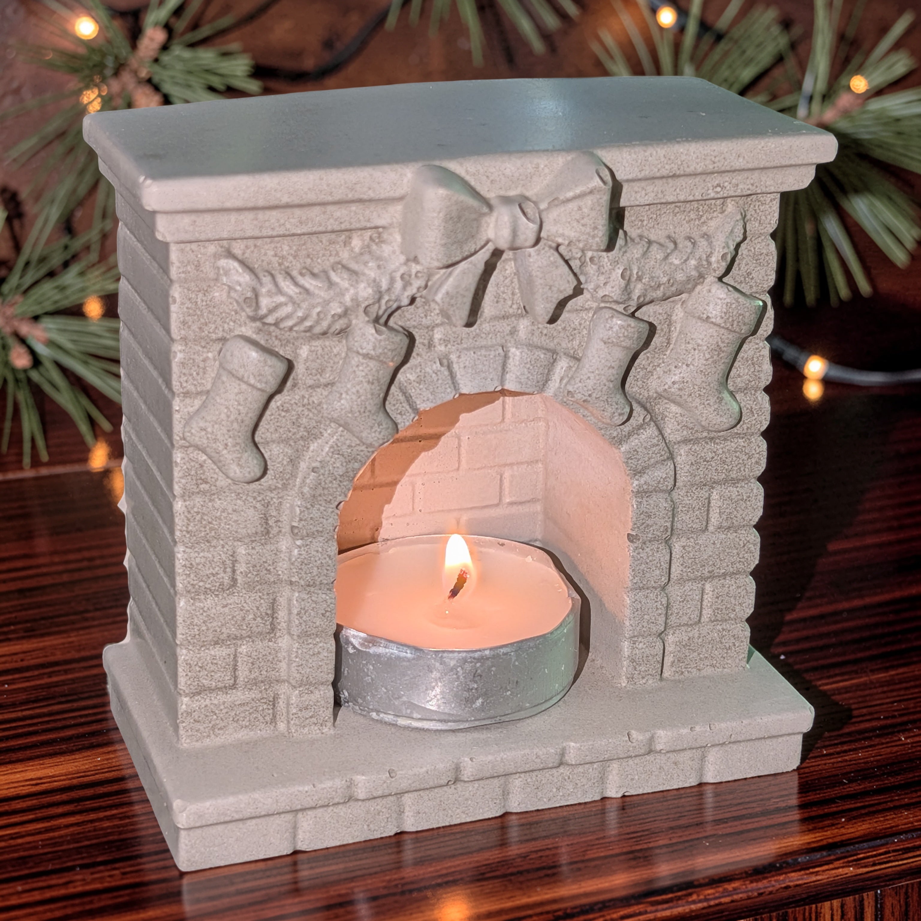 Mini Concrete Christmas Fireplace Candle Holder | Cute Holiday Mantle Decor, Tealight Burner & Tiered Tray Accent | Cozy Winter Home Decor