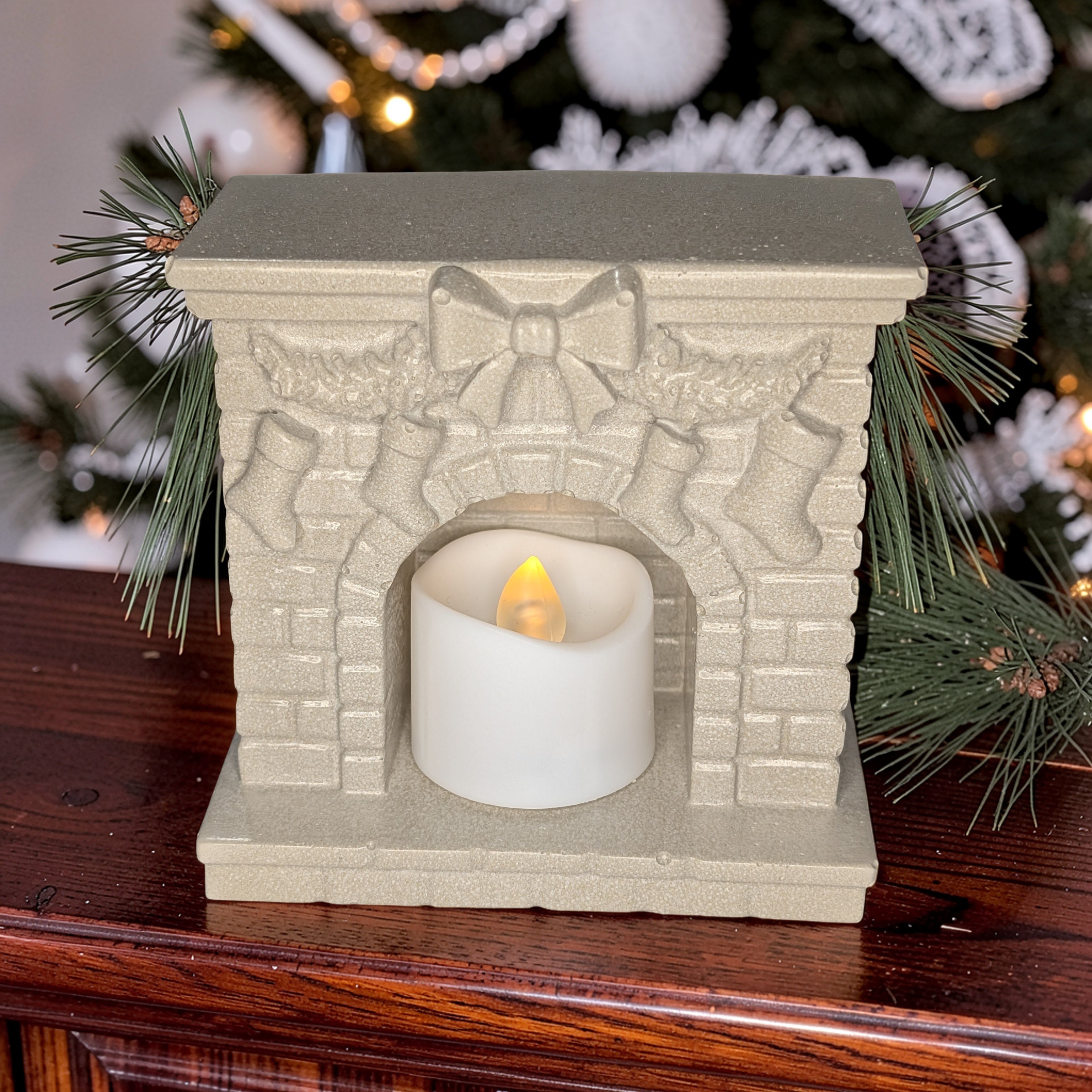 Mini Concrete Christmas Fireplace Candle Holder | Cute Holiday Mantle Decor, Tealight Burner & Tiered Tray Accent | Cozy Winter Home Decor