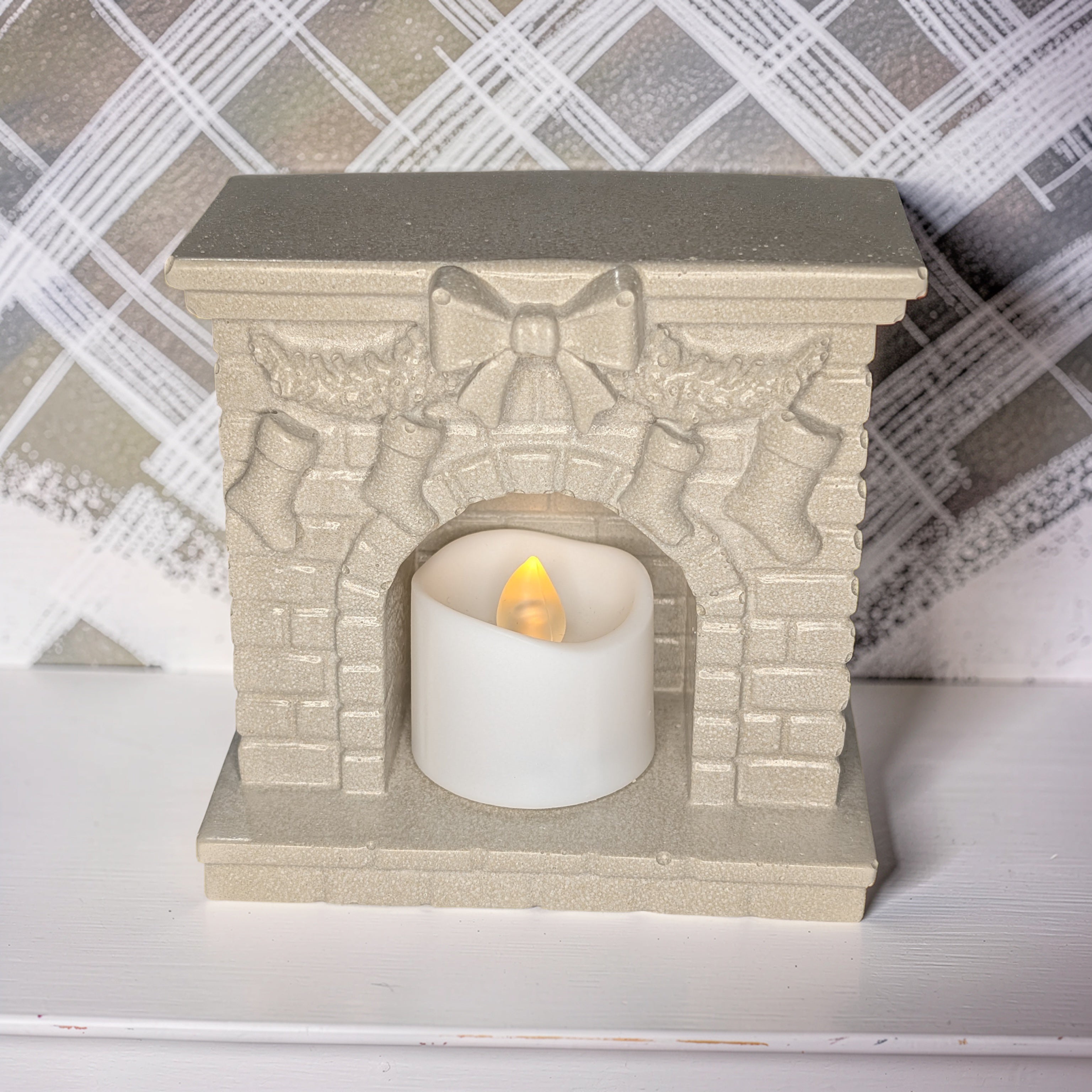 Mini Concrete Christmas Fireplace Candle Holder | Cute Holiday Mantle Decor, Tealight Burner & Tiered Tray Accent | Cozy Winter Home Decor