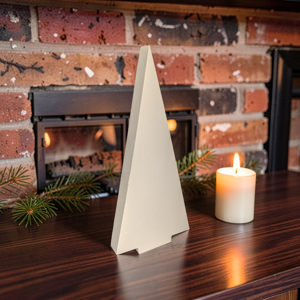 Modern Concrete Christmas Tree Decor, 9" Minimalist Neutral Holiday Tree Figurine, Brutalist Winter Mantel & Shelf Decor, Industrial Xmas Gift