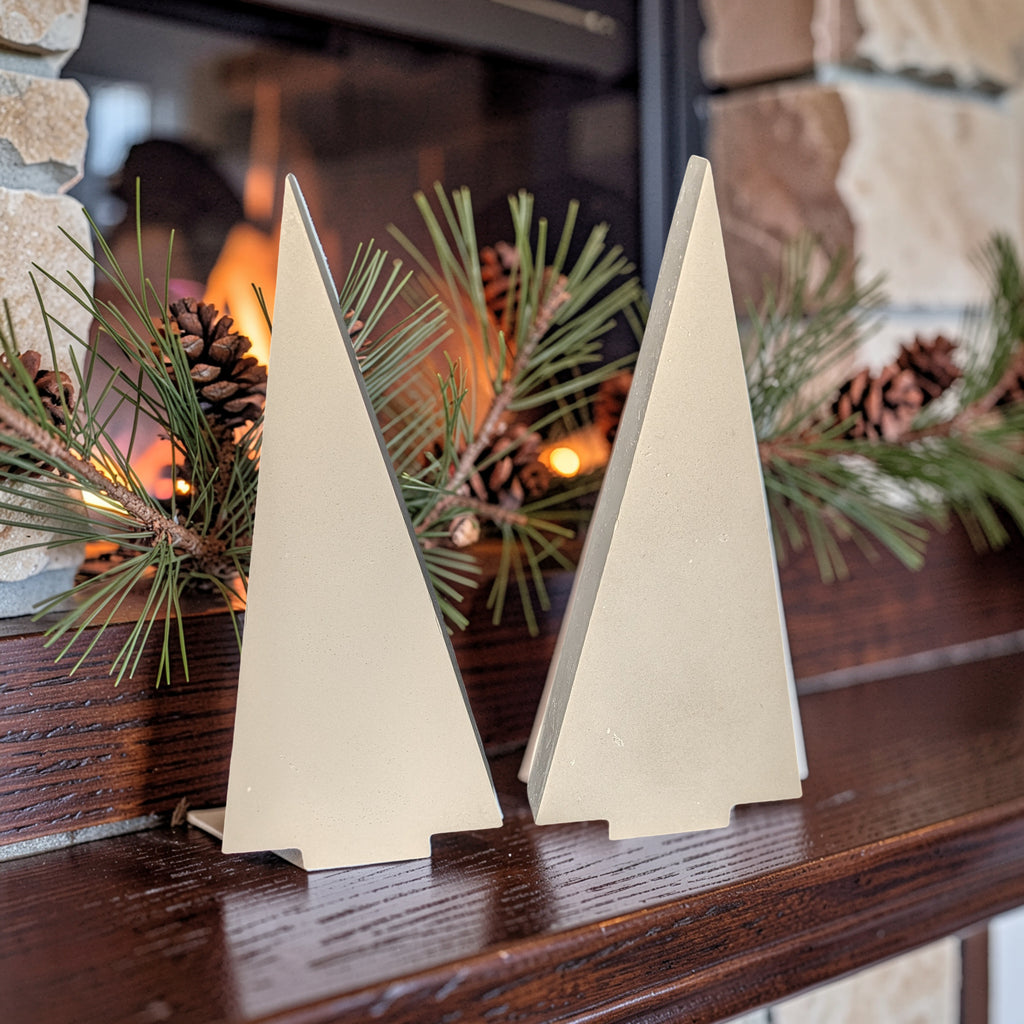 Modern Concrete Christmas Tree Decor, 9" Minimalist Neutral Holiday Tree Figurine, Brutalist Winter Mantel & Shelf Decor, Industrial Xmas Gift