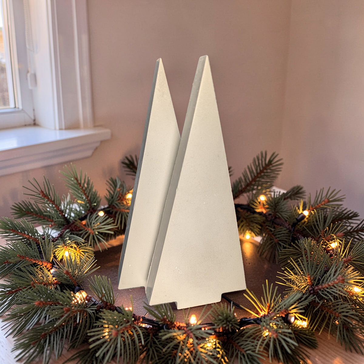 Modern Concrete Christmas Tree Decor, 9" Minimalist Neutral Holiday Tree Figurine, Brutalist Winter Mantel & Shelf Decor, Industrial Xmas Gift