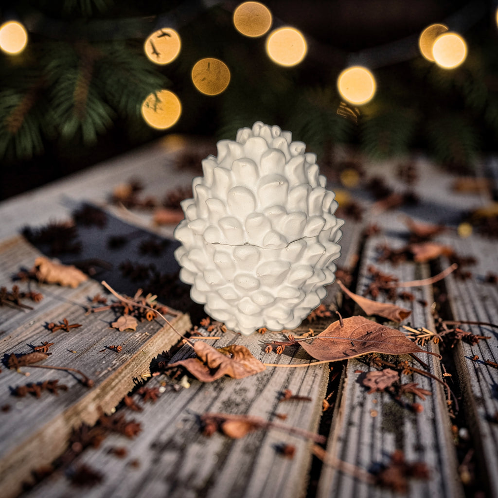 Concrete Pinecone Jar with Lid | Woodland Trinket Box & Candle Vessel | Rustic Winter Mantle Decor | Modern Nature Inspired Christmas Decor