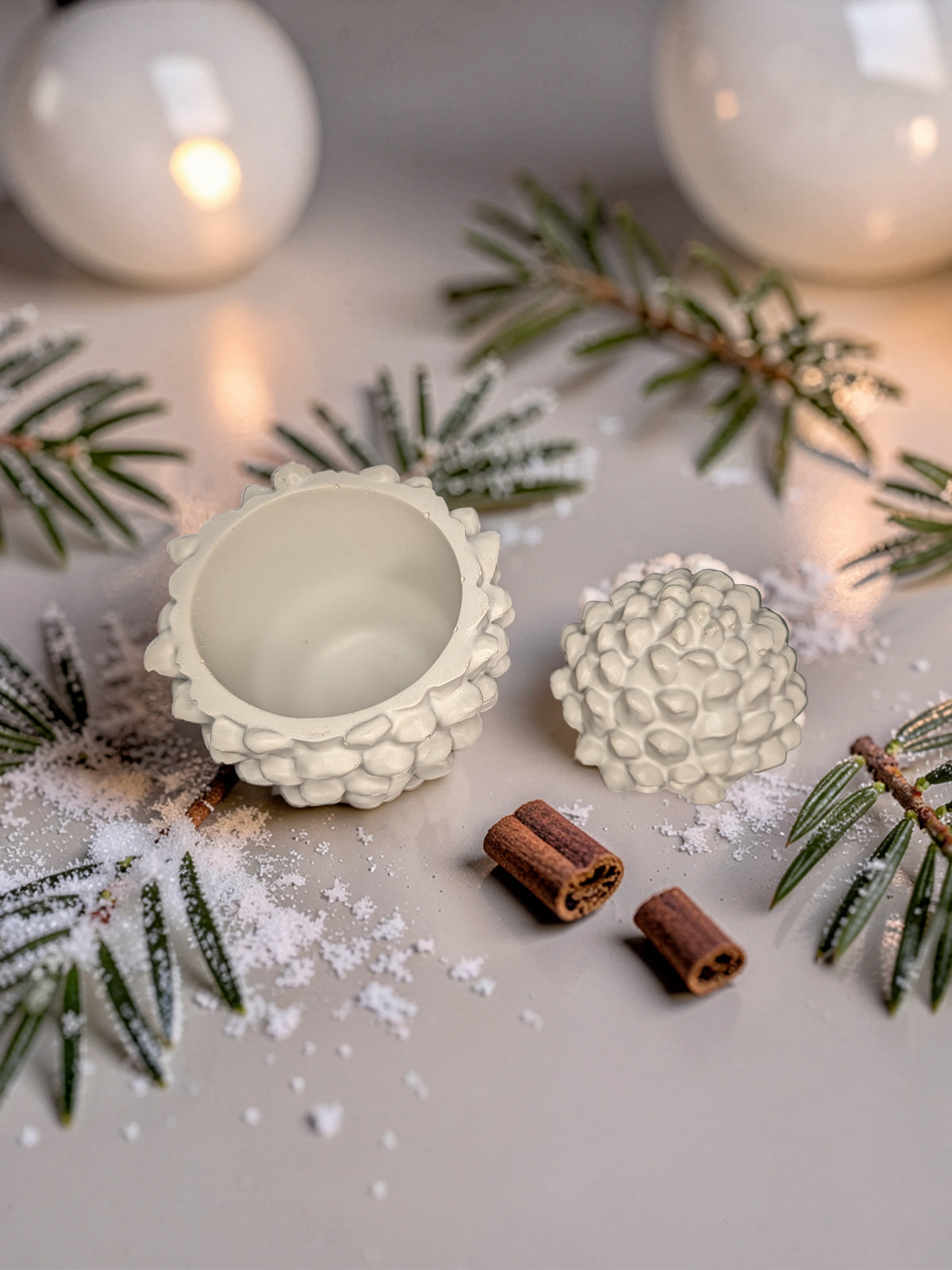 Concrete Pinecone Jar with Lid | Woodland Trinket Box & Candle Vessel | Rustic Winter Mantle Decor | Modern Nature Inspired Christmas Decor