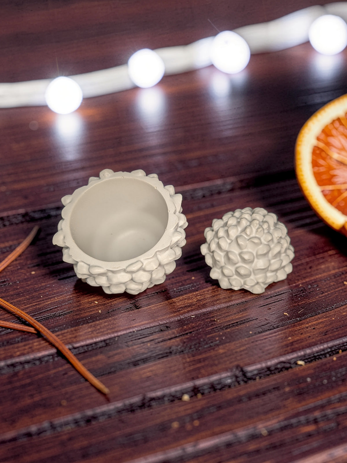 Concrete Pinecone Jar with Lid | Woodland Trinket Box & Candle Vessel | Rustic Winter Mantle Decor | Modern Nature Inspired Christmas Decor