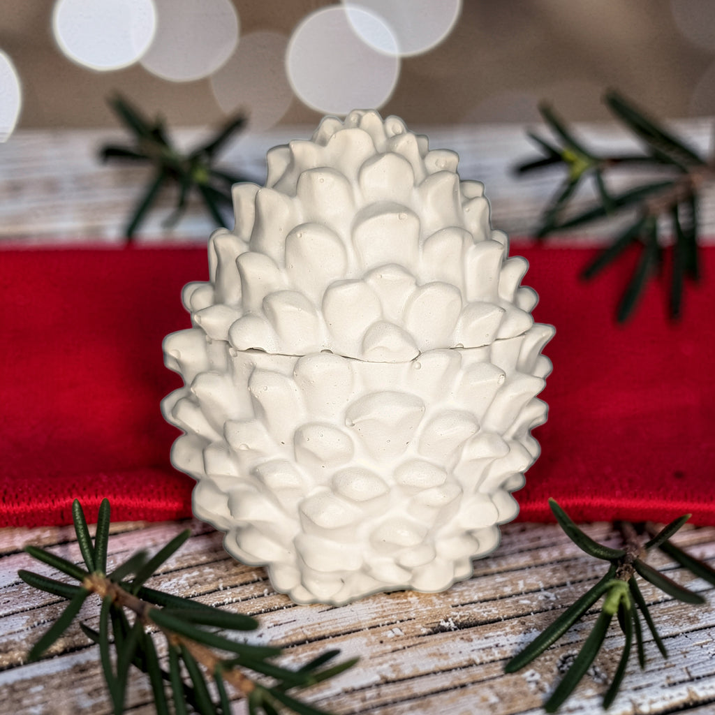 Concrete Pinecone Jar with Lid | Woodland Trinket Box & Candle Vessel | Rustic Winter Mantle Decor | Modern Nature Inspired Christmas Decor