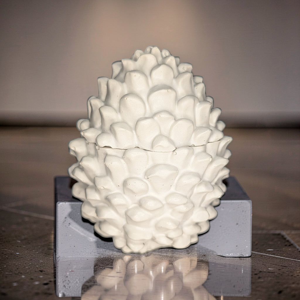 Concrete Pinecone Jar with Lid | Woodland Trinket Box & Candle Vessel | Rustic Winter Mantle Decor | Modern Nature Inspired Christmas Decor