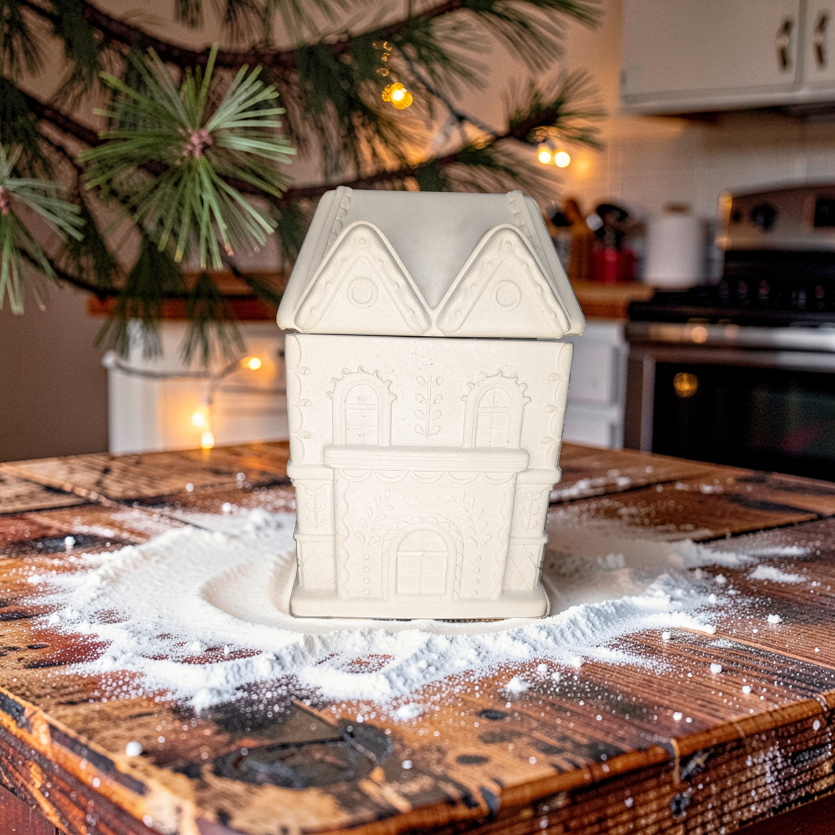 Concrete Gingerbread House Jar with Lid | Christmas Village Trinket Box & Candle Vessel | Holiday Mantle Decor | DIY Winter Craft Jar