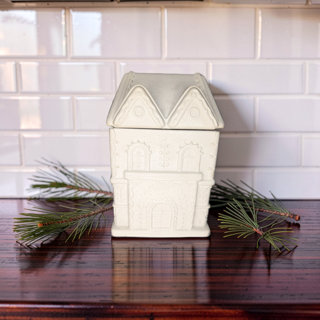 Concrete Gingerbread House Jar with Lid | Christmas Village Trinket Box & Candle Vessel | Holiday Mantle Decor | DIY Winter Craft Jar