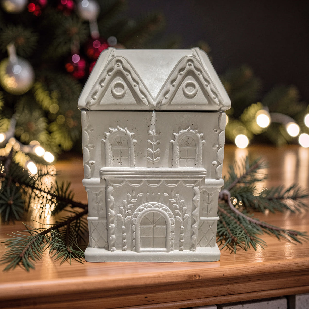 Concrete Gingerbread House Jar with Lid | Christmas Village Trinket Box & Candle Vessel | Holiday Mantle Decor | DIY Winter Craft Jar