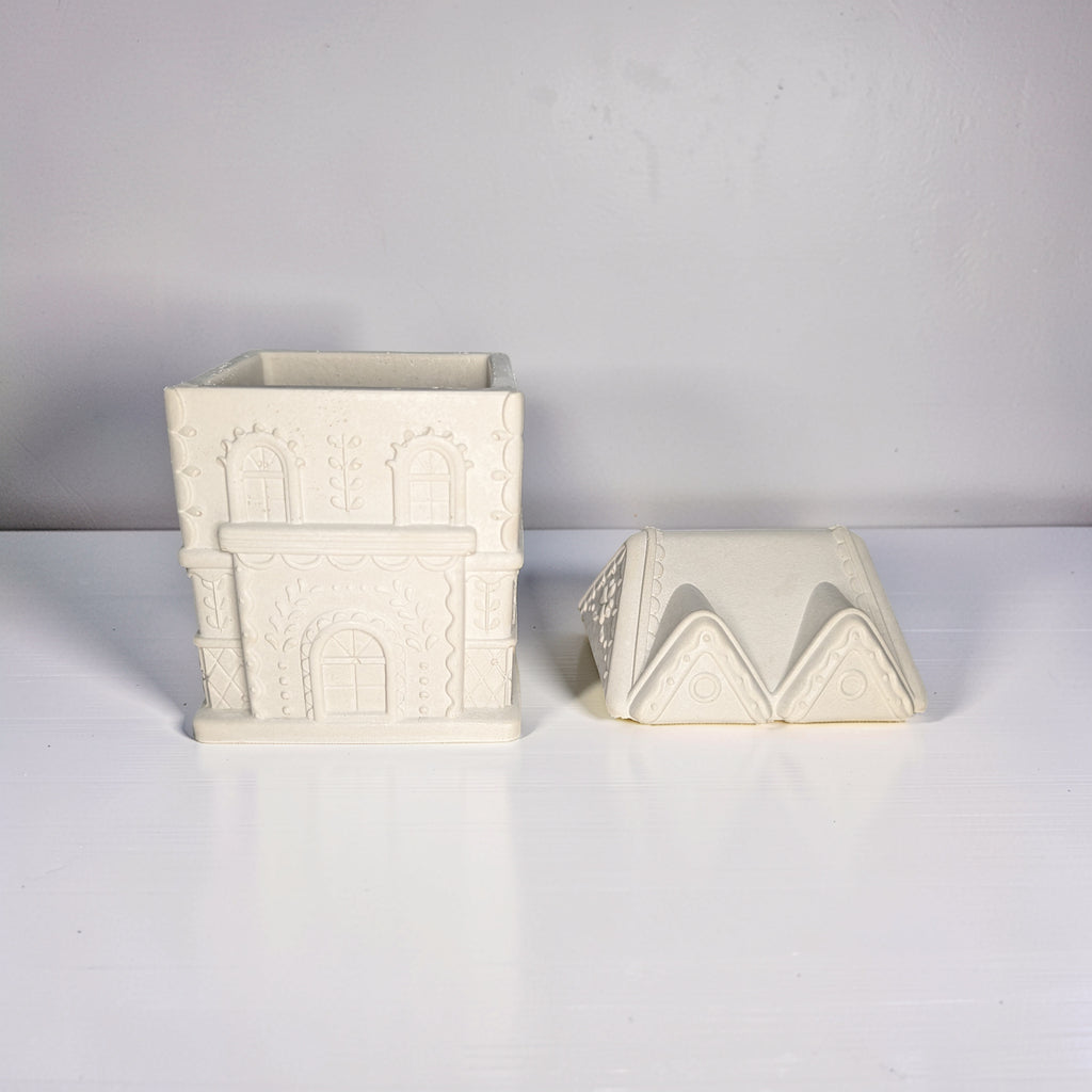 Concrete Gingerbread House Jar with Lid | Christmas Village Trinket Box & Candle Vessel | Holiday Mantle Decor | DIY Winter Craft Jar