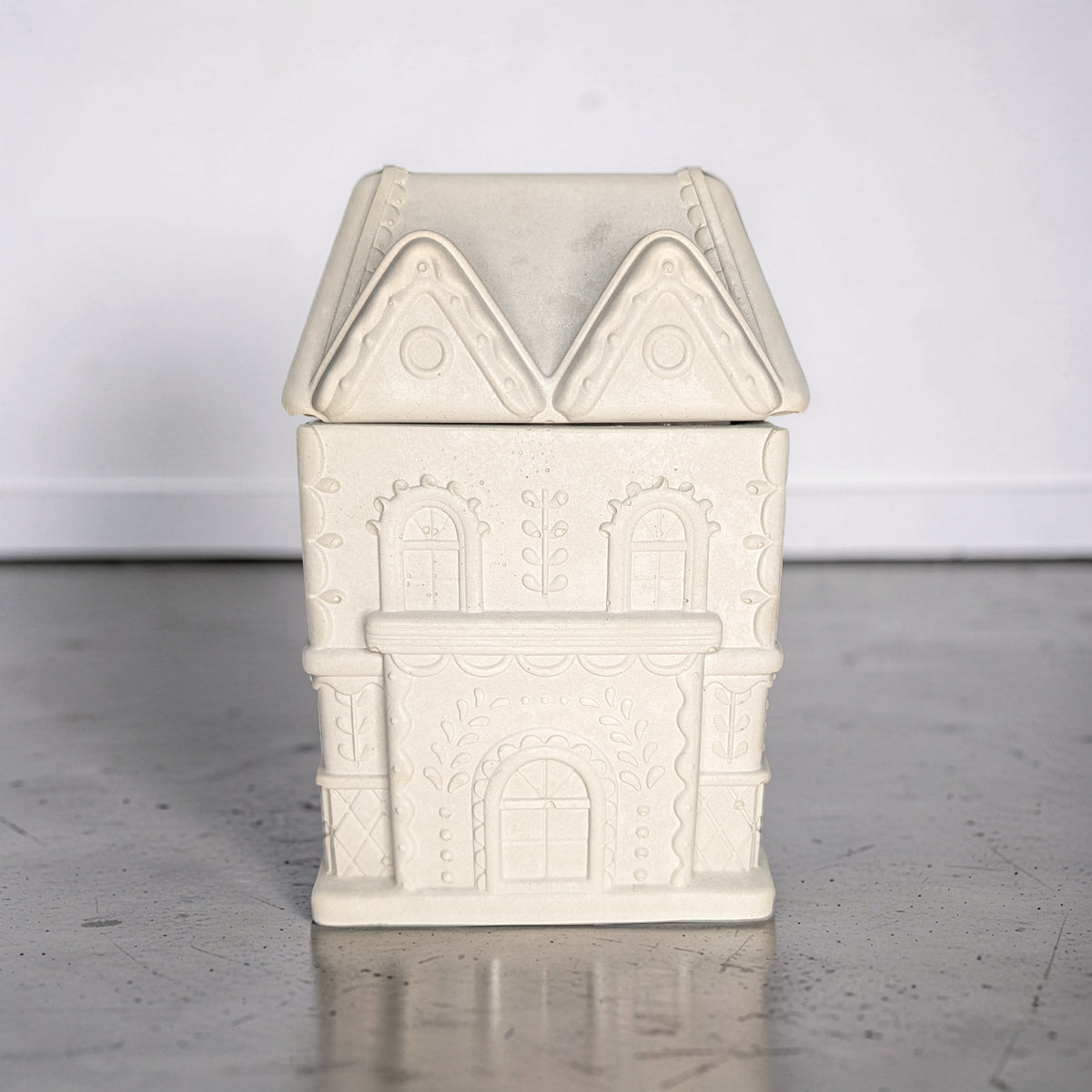 Concrete Gingerbread House Jar with Lid | Christmas Village Trinket Box & Candle Vessel | Holiday Mantle Decor | DIY Winter Craft Jar