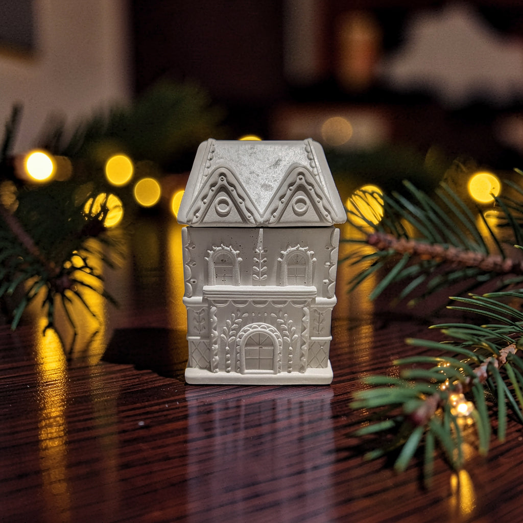 Concrete Gingerbread House Jar with Lid | Christmas Village Trinket Box & Candle Vessel | Holiday Mantle Decor | DIY Winter Craft Jar