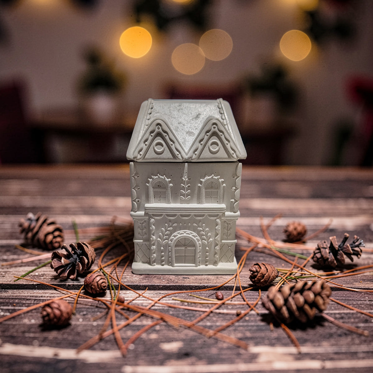 Concrete Gingerbread House Jar with Lid | Christmas Village Trinket Box & Candle Vessel | Holiday Mantle Decor | DIY Winter Craft Jar