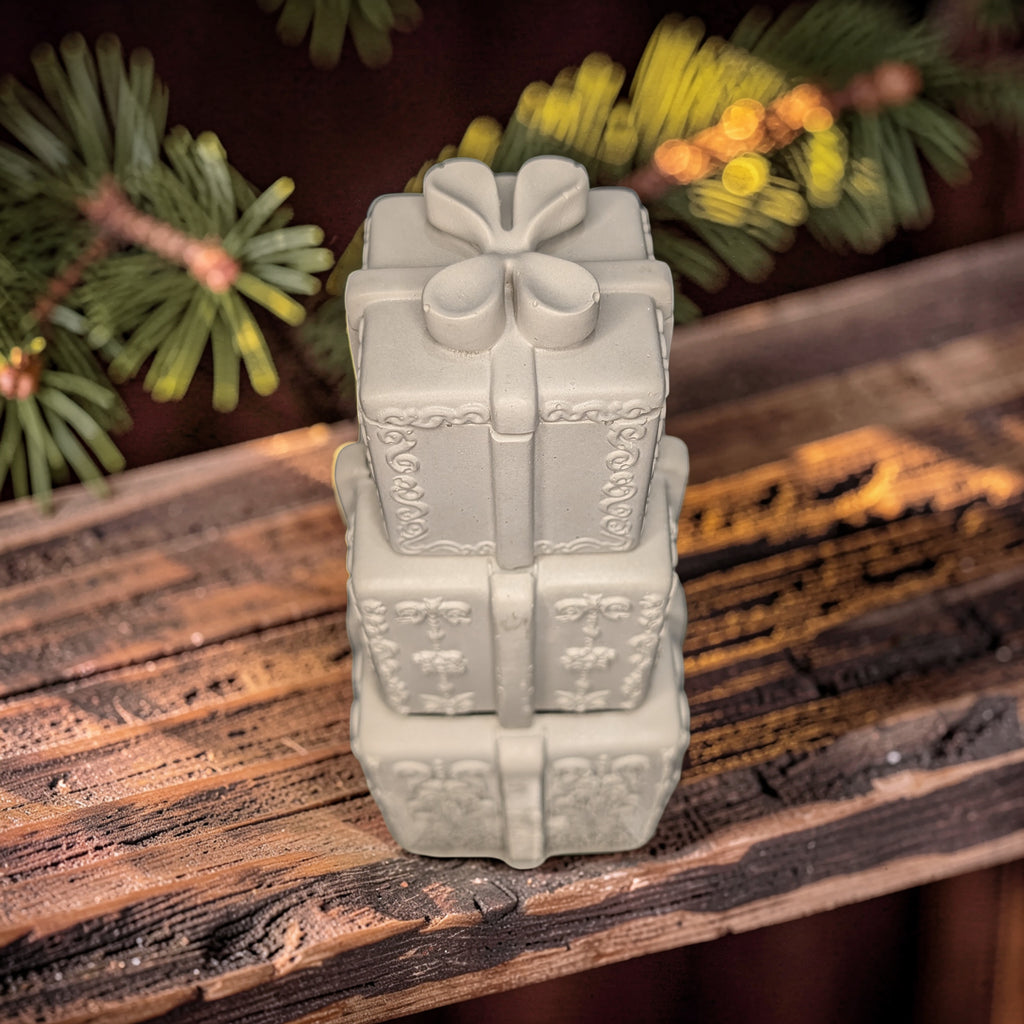 Concrete Stacked Present Tower Set (4-Piece) | Christmas Gift Box Candle Vessels | DIY Holiday Craft & Mantle Decor | Concrete Trinket Boxes