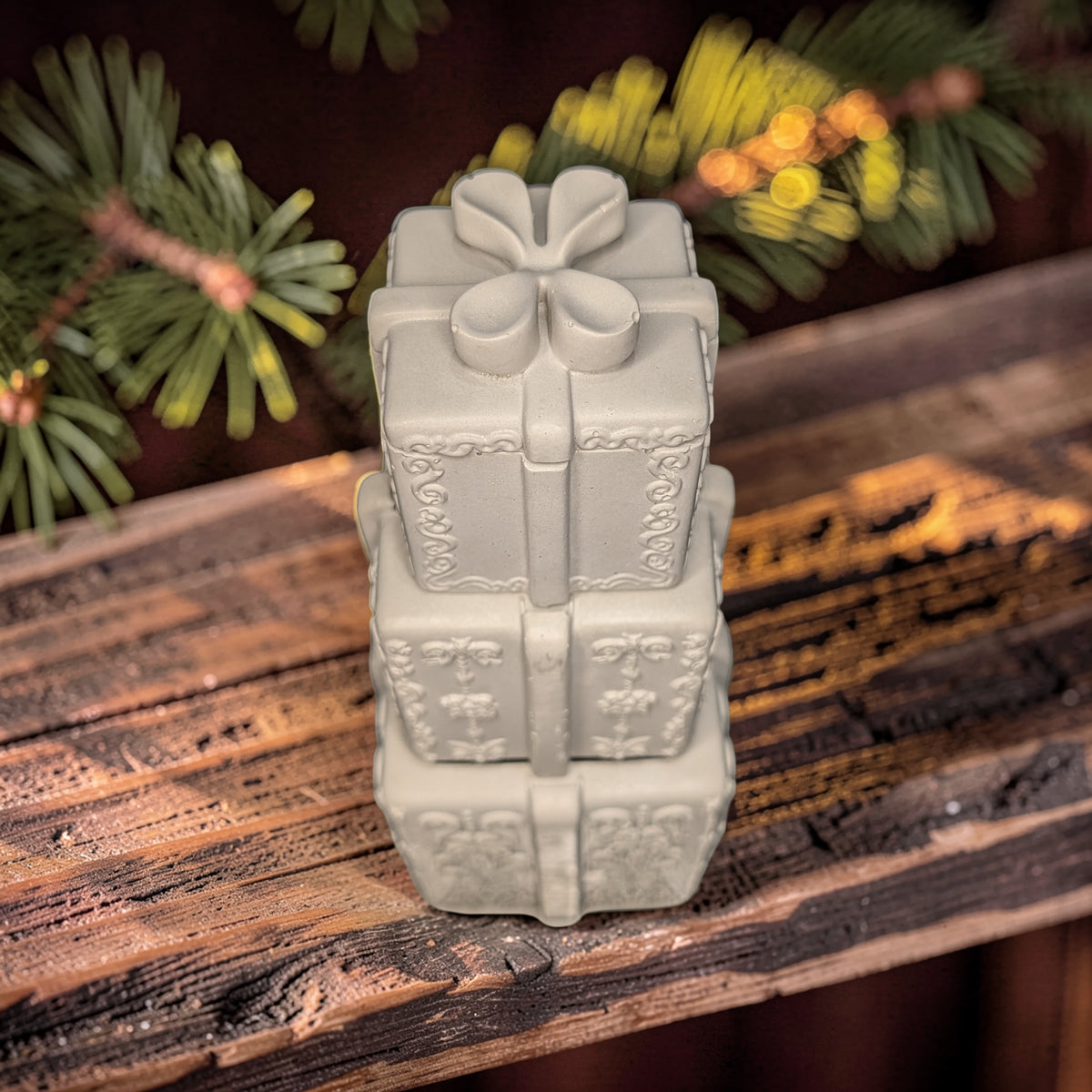 Concrete Stacked Present Tower Set (4-Piece) | Christmas Gift Box Candle Vessels | DIY Holiday Craft & Mantle Decor | Concrete Trinket Boxes