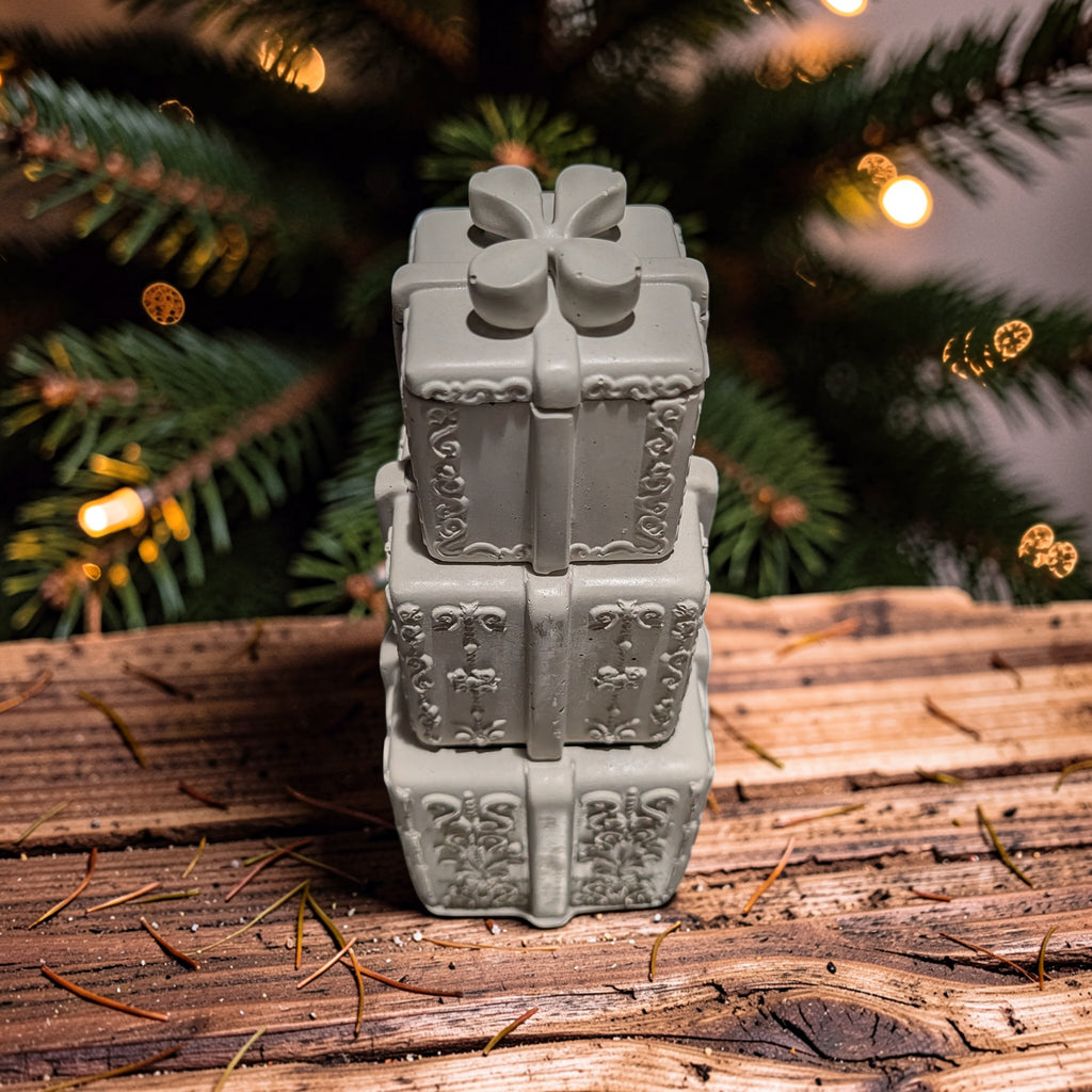 Concrete Stacked Present Tower Set (4-Piece) | Christmas Gift Box Candle Vessels | DIY Holiday Craft & Mantle Decor | Concrete Trinket Boxes