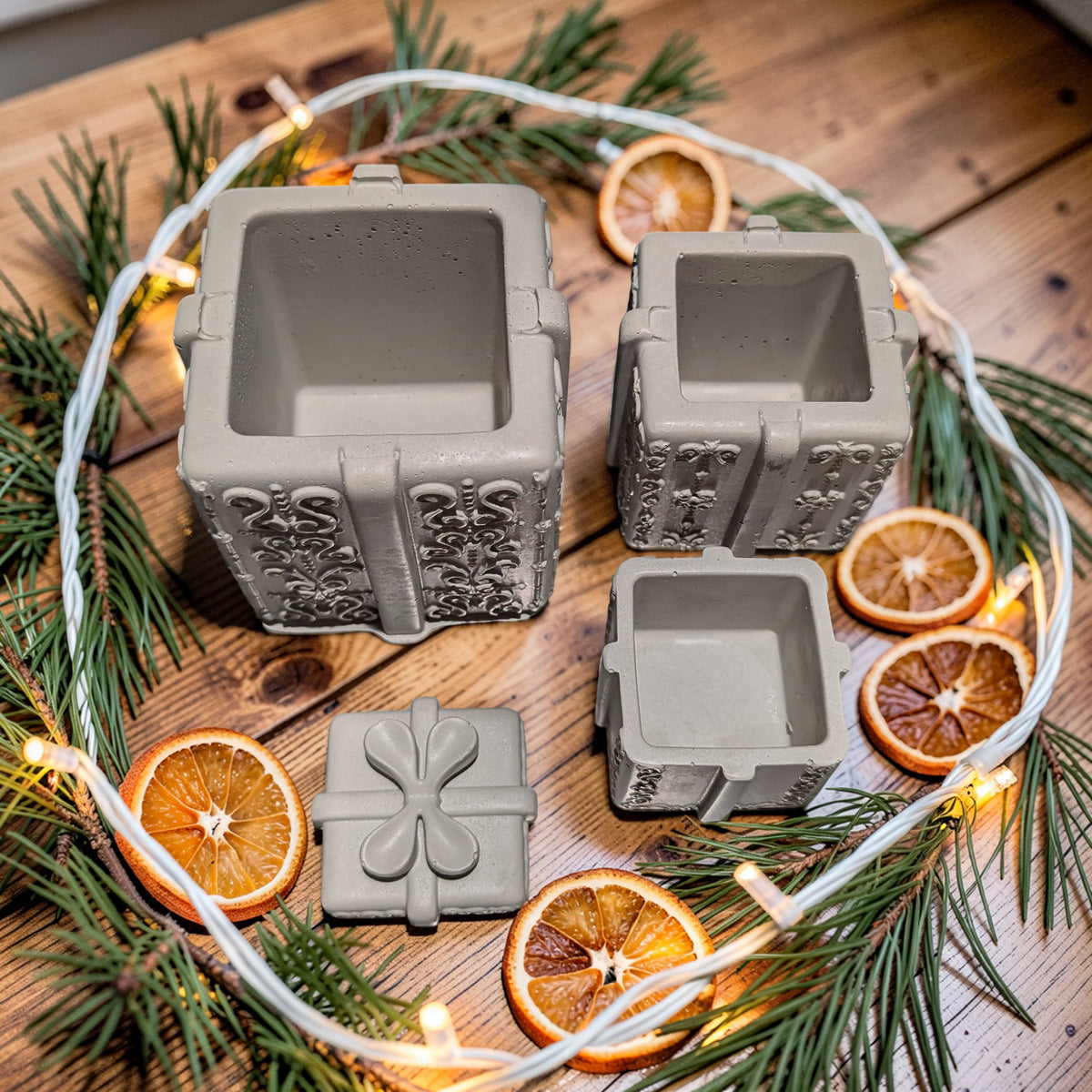 Concrete Stacked Present Tower Set (4-Piece) | Christmas Gift Box Candle Vessels | DIY Holiday Craft & Mantle Decor | Concrete Trinket Boxes