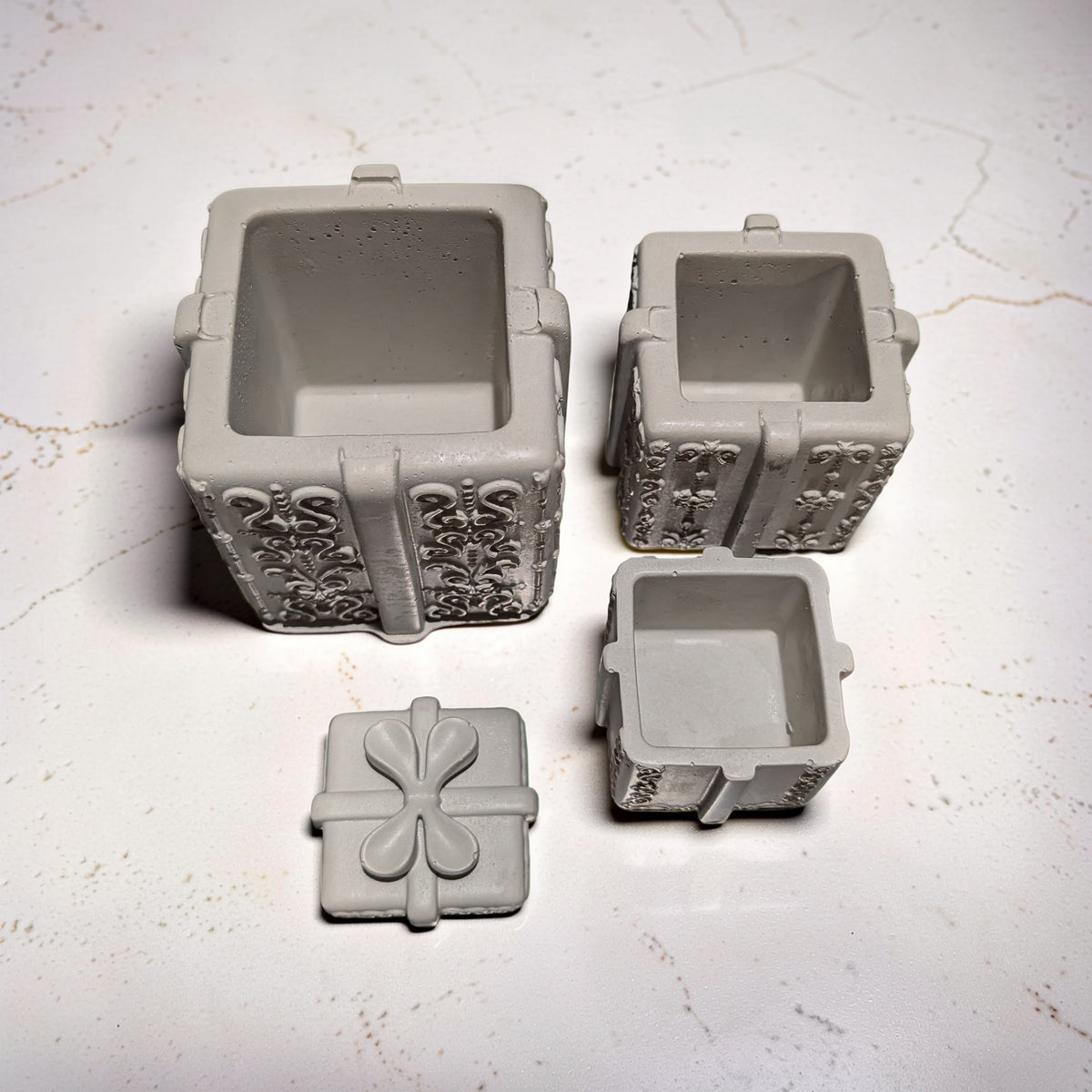 Concrete Stacked Present Tower Set (4-Piece) | Christmas Gift Box Candle Vessels | DIY Holiday Craft & Mantle Decor | Concrete Trinket Boxes