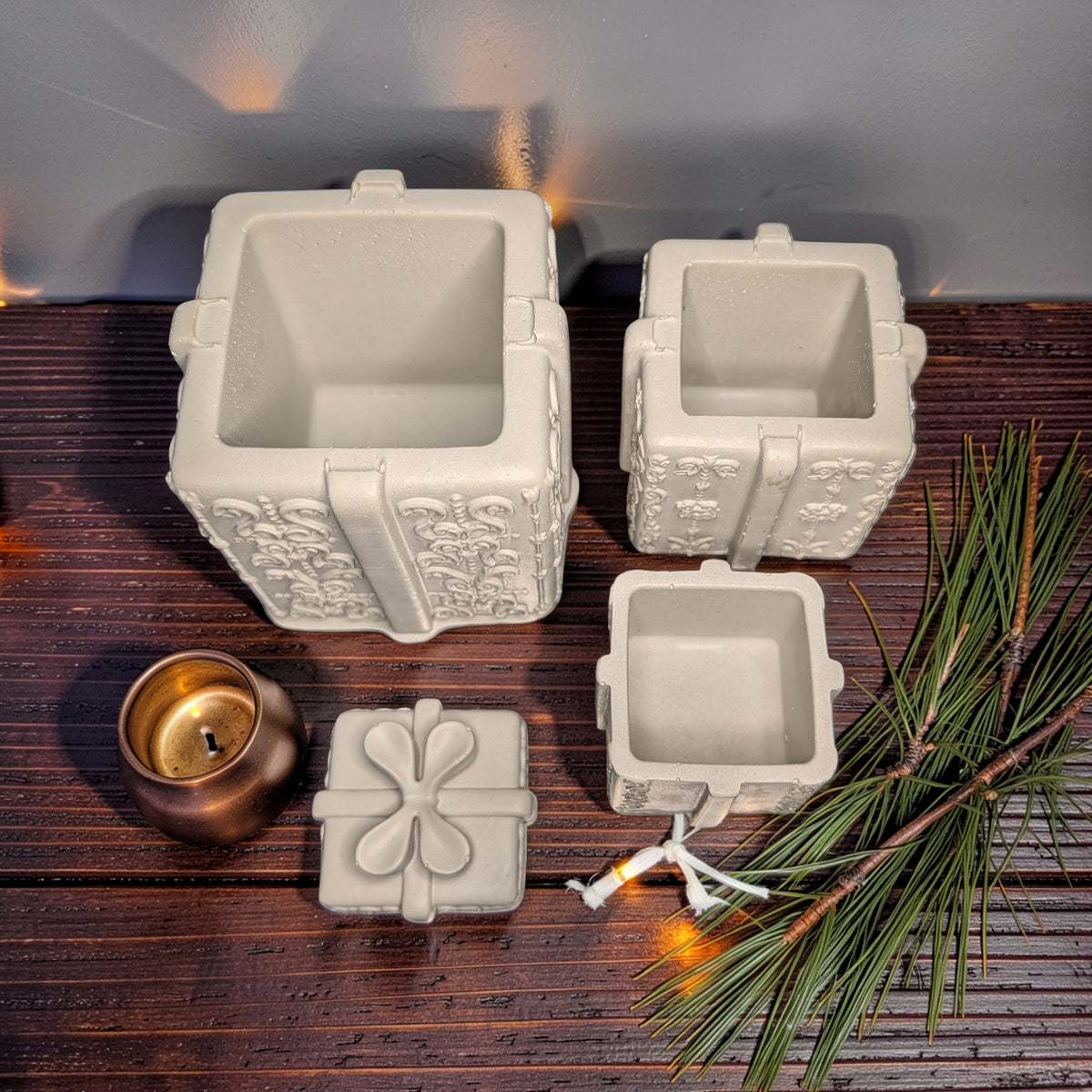 Concrete Stacked Present Tower Set (4-Piece) | Christmas Gift Box Candle Vessels | DIY Holiday Craft & Mantle Decor | Concrete Trinket Boxes