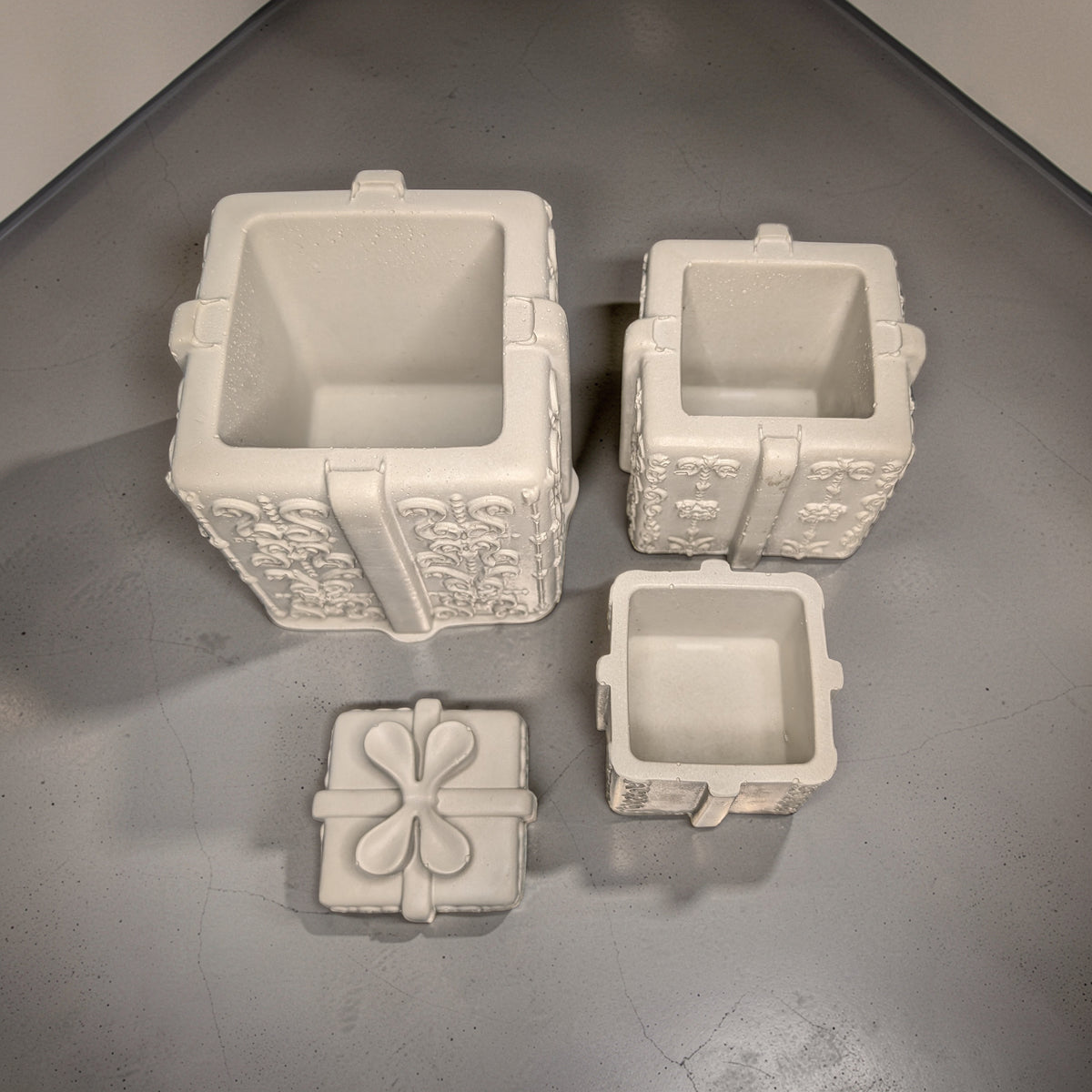 Concrete Stacked Present Tower Set (4-Piece) | Christmas Gift Box Candle Vessels | DIY Holiday Craft & Mantle Decor | Concrete Trinket Boxes