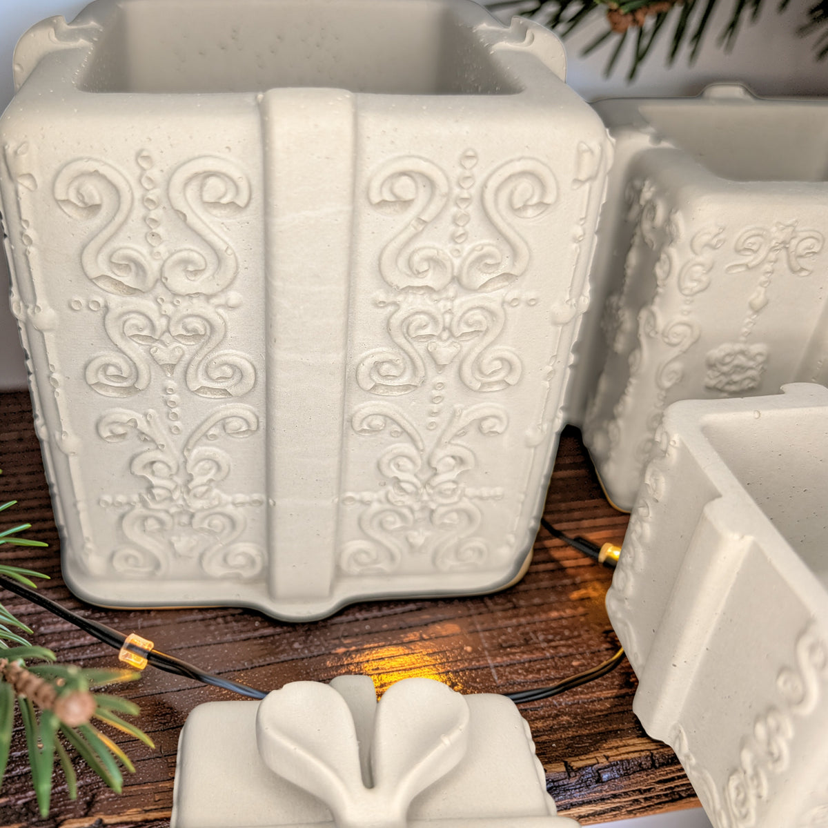 Concrete Stacked Present Tower Set (4-Piece) | Christmas Gift Box Candle Vessels | DIY Holiday Craft & Mantle Decor | Concrete Trinket Boxes